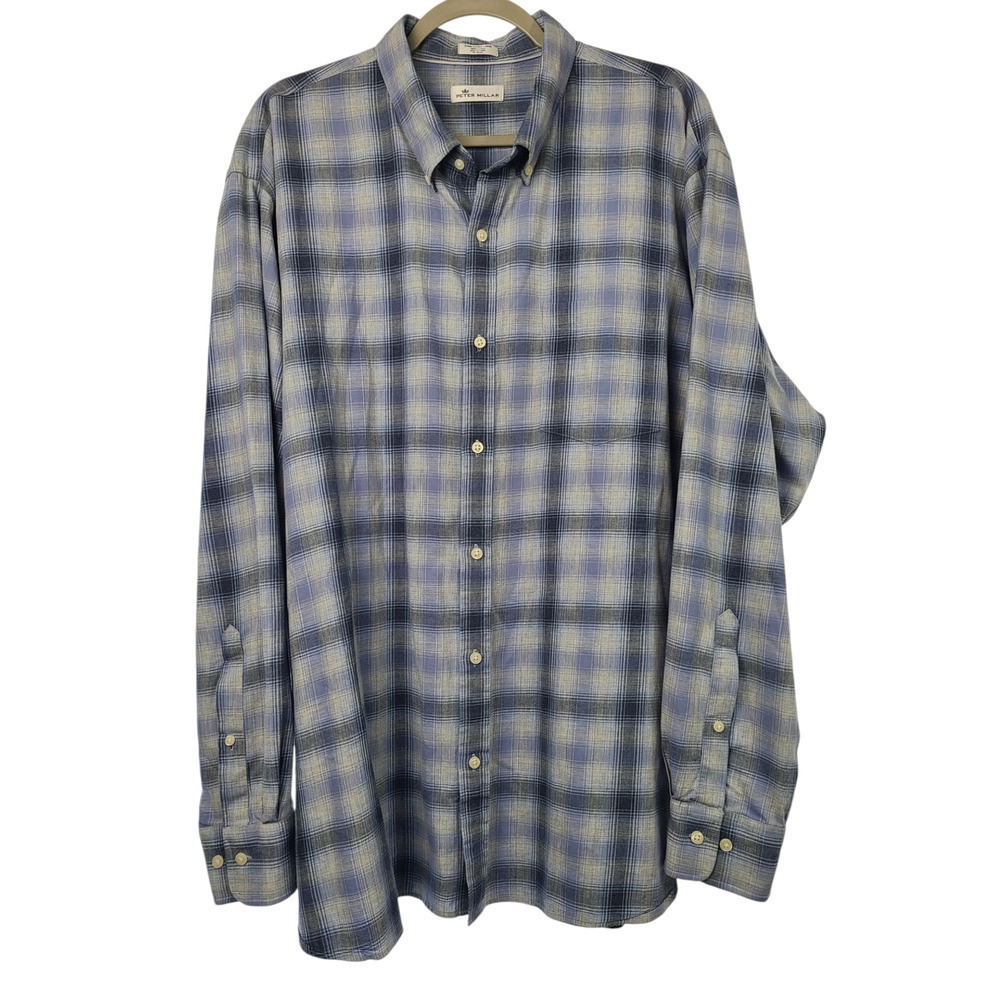 Peter Millar Men's Button-Down Shirt XXL Blue Flannel Plaid Check